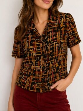 90s Vintage Equestrian Print Button Down Sag Harbor Short Sleeve Top | Size 12p